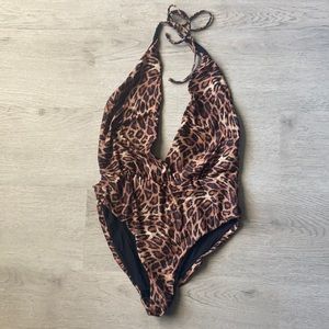 Zara Leopard One Piece Backless Halter Swimsuit